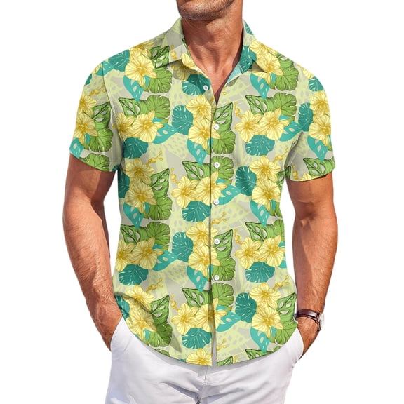 QHRMKOG Short Sleeve Shirts for Men Relaxed Fit Tropical Print Hawaiian Shirts Breathable Holiday Button Down Beach Shirts Summer Trendy Shirts Green XL