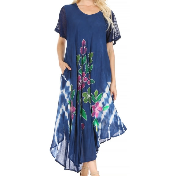 Sakkas Embroidered Painted Floral Cap Sleeve Cotton Dress - Blue - One Size