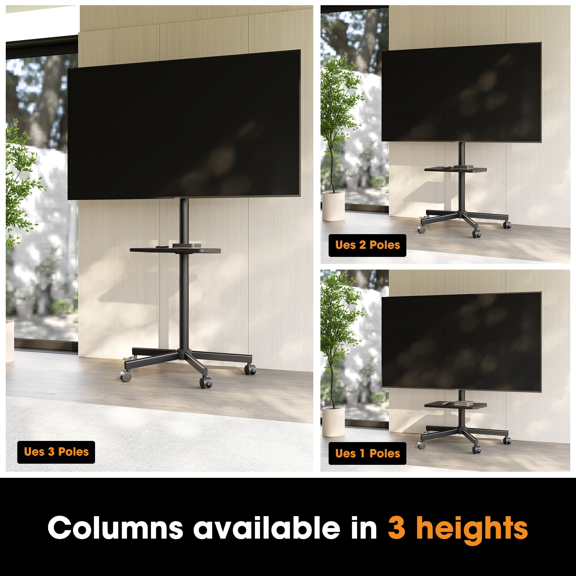 AOKCOS Modern Rolling TV Stand With Wheels Mobile TV Cart for 32 to 65 inch TVs with One Shelf,Black