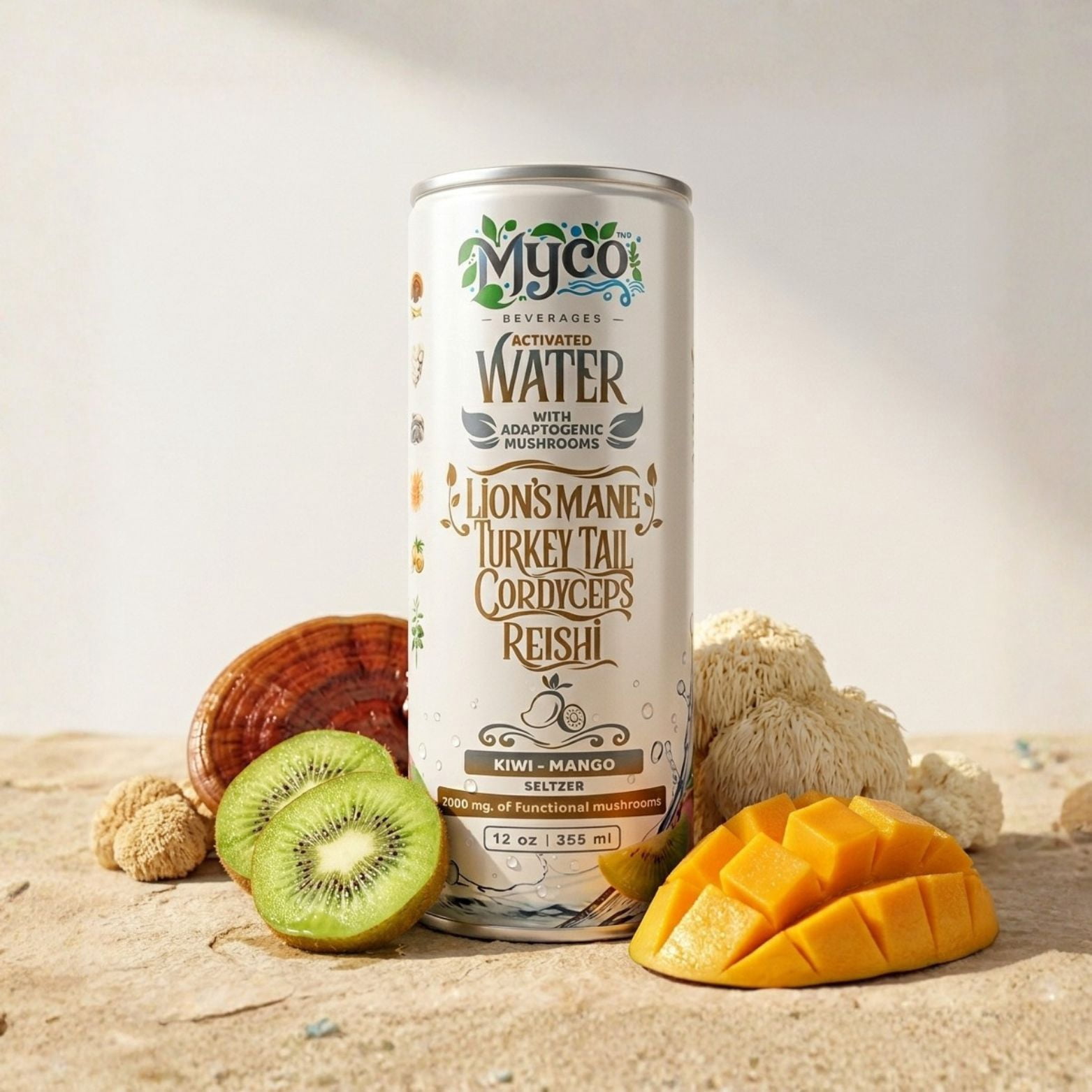 MycoBev Kiwi Mango Sparkling Water, 2000mg Mushroom Blend, 6-pack