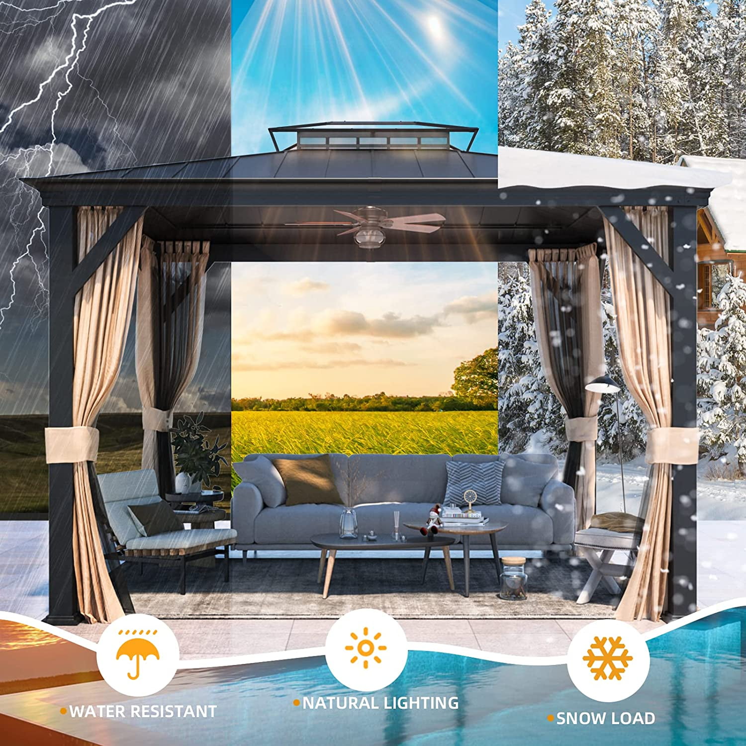Hommow 12'x10' Hardtop Gazebo with Acrylic & Galvanized Steel Roof for Garden, Patio, Lawns