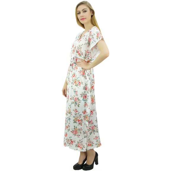 Bimba Women's Long Satin Maxi Drawstring Floral Kaftan Kimono White Gown - 6