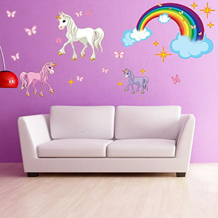 unicorn set wall decal with rainbow - girls room wall decal, sticker for  girls, nursery vinyl wall art, kids room decor - ds 886 - 20in x 23in
