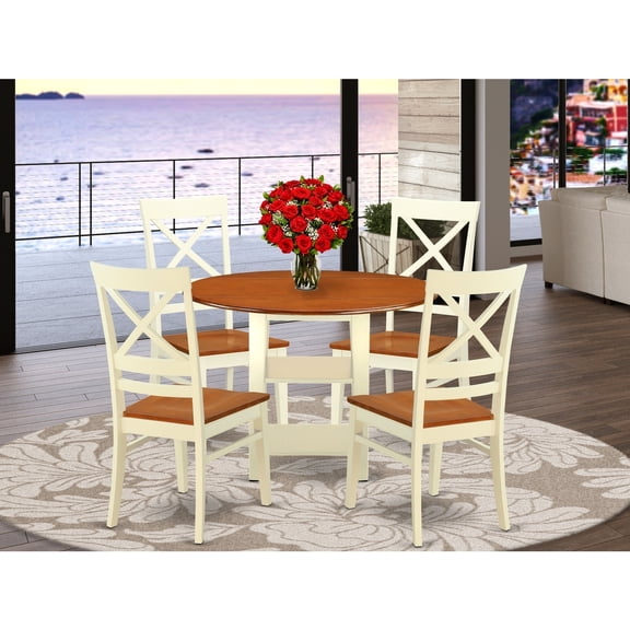 5 Piece Dinette Set - Round Table & 4 Chairs - Kitchen Dining Room Set - Buttermilk Cherry Finish