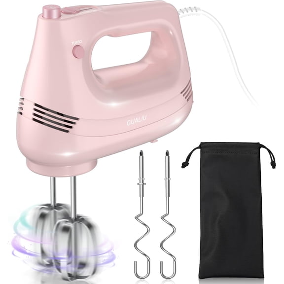 Electric Hand Mixer with Stainless Steel Whisk, Dough Hook Attachment and Storage Bag, Handheld for Baking Cakes, Eggs, Cream Food Mixers. Turbo Boost /5 Speed Kitchen Blender PINK