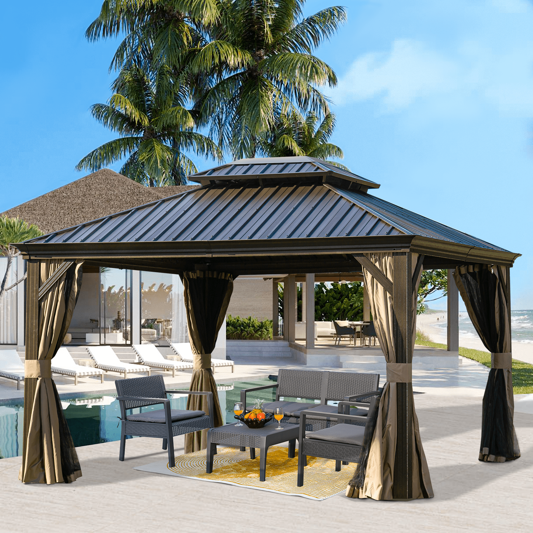 Hardtop Gazebo, Outdoor Aluminum Roof Canopy, Mosquito Netting ...