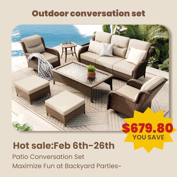 Hillga Outdoor Wicker Patio Furniture Set 3 - Seat Sofa, 2 Swivel Glider Chairs, 2 Ottomans, Coffee Table & Side Table for Backyard,Beige