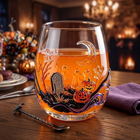 Halloween Printed Stemless Glass Cup. Spooky House Ghost Clear Wine Tumbler For Holiday Party Drinks