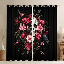 Manfei Romantic Gothic Skeleton Blackout Curtains Set of 2 (52x84 Each) for Kids, Pink Flower Plant Window Curtains, Horror Crow Curtains and Drapes, Window Curtains Room Decor