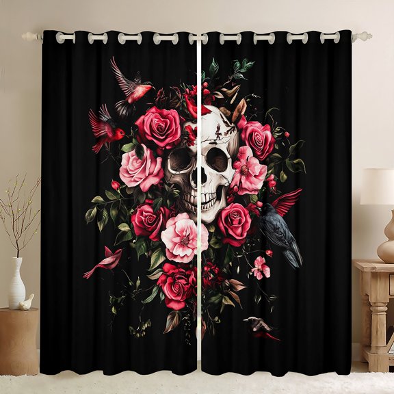 Manfei Romantic Gothic Skeleton Blackout Curtains Set of 2 (52x84 Each) for Kids, Pink Flower Plant Window Curtains, Horror Crow Curtains and Drapes, Window Curtains Room Decor