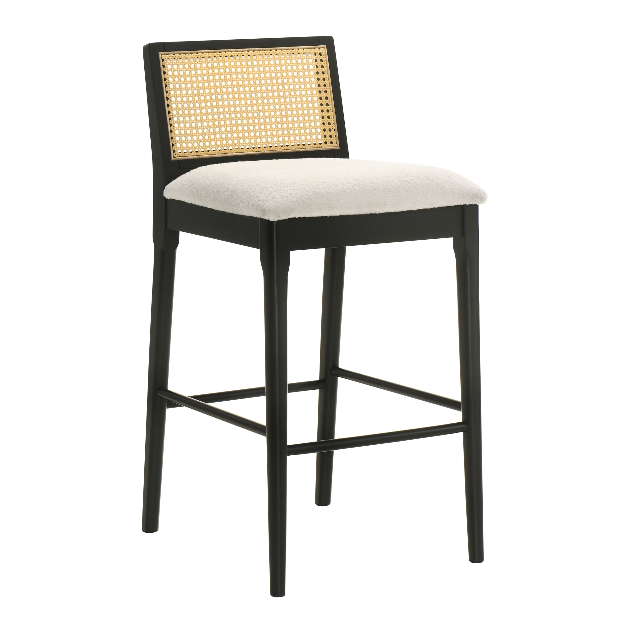 Tobias Coastal Modern Wood Bar Height Kitchen Bar Stool in Black Finish with White Boucle Fabric Upholstered Seat