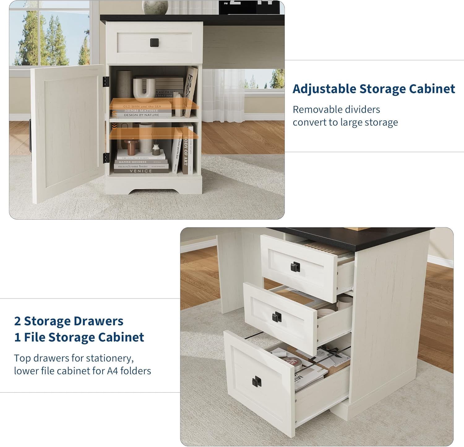 EastVita Farmhouse 60" Executive L Shaped Desk, Home Office Desk with File Drawers and Storage Cabinet, Corner Computer Desk with Adjustable Side Storage Cabinet