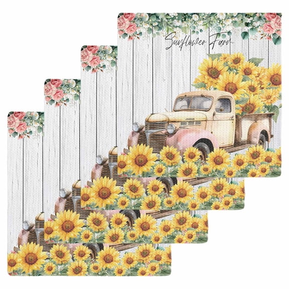 Sunflowers Trucks Kitchen Dish Towels for Drying Dishes Set of 4, Spring Farmhouse Eucalyptus Gray Wooden Waffle Weave Microfiber Hand Tea Bathroom Towels Quick Dry & Absorbent Towel 12x12