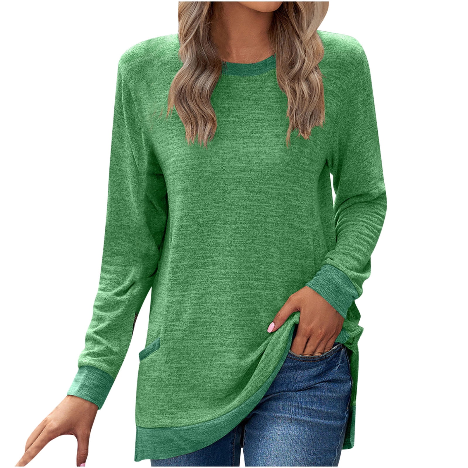 Shirt Col V T Shirt Manche Longue Vert Femme Hauts à Manches