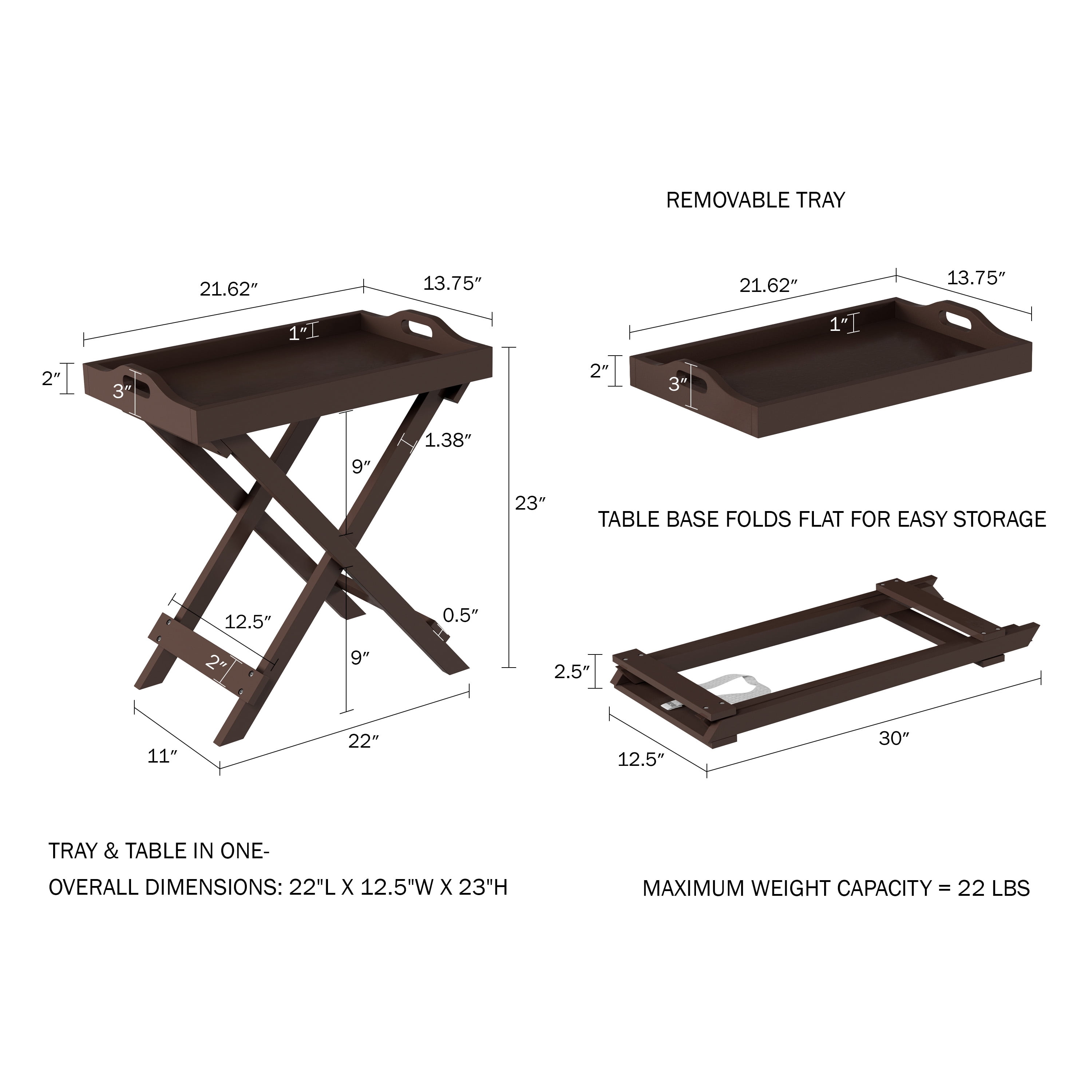 Lavish Home Folding TV Tray Table - Contemporary Side Table with Removable Tray Top (Brown)
