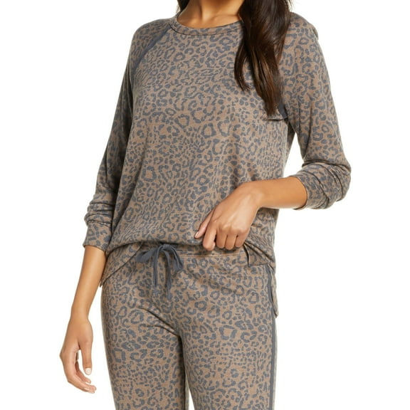 P.J. Salvage Womens Leopard Print Pajama Sweatshirt Top, Brown, Small
