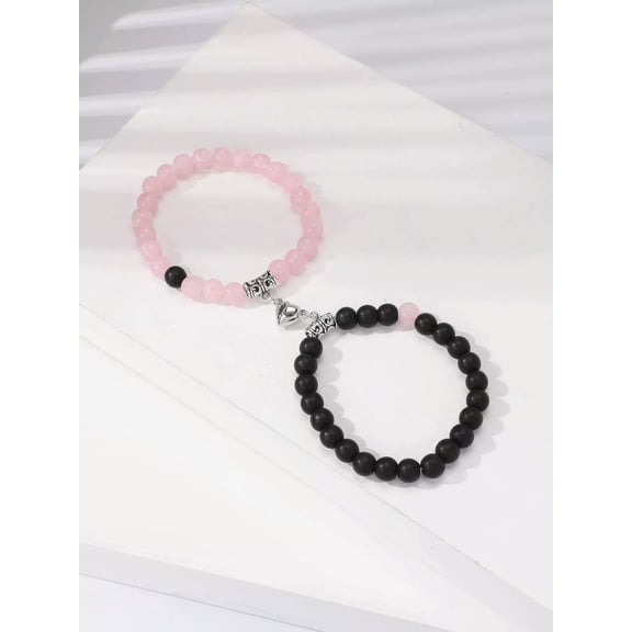 QQTDFG 2pcs/set Bohemian Magnetic Heart Charm Beaded Bracelet Rose Pink and Black Color-default