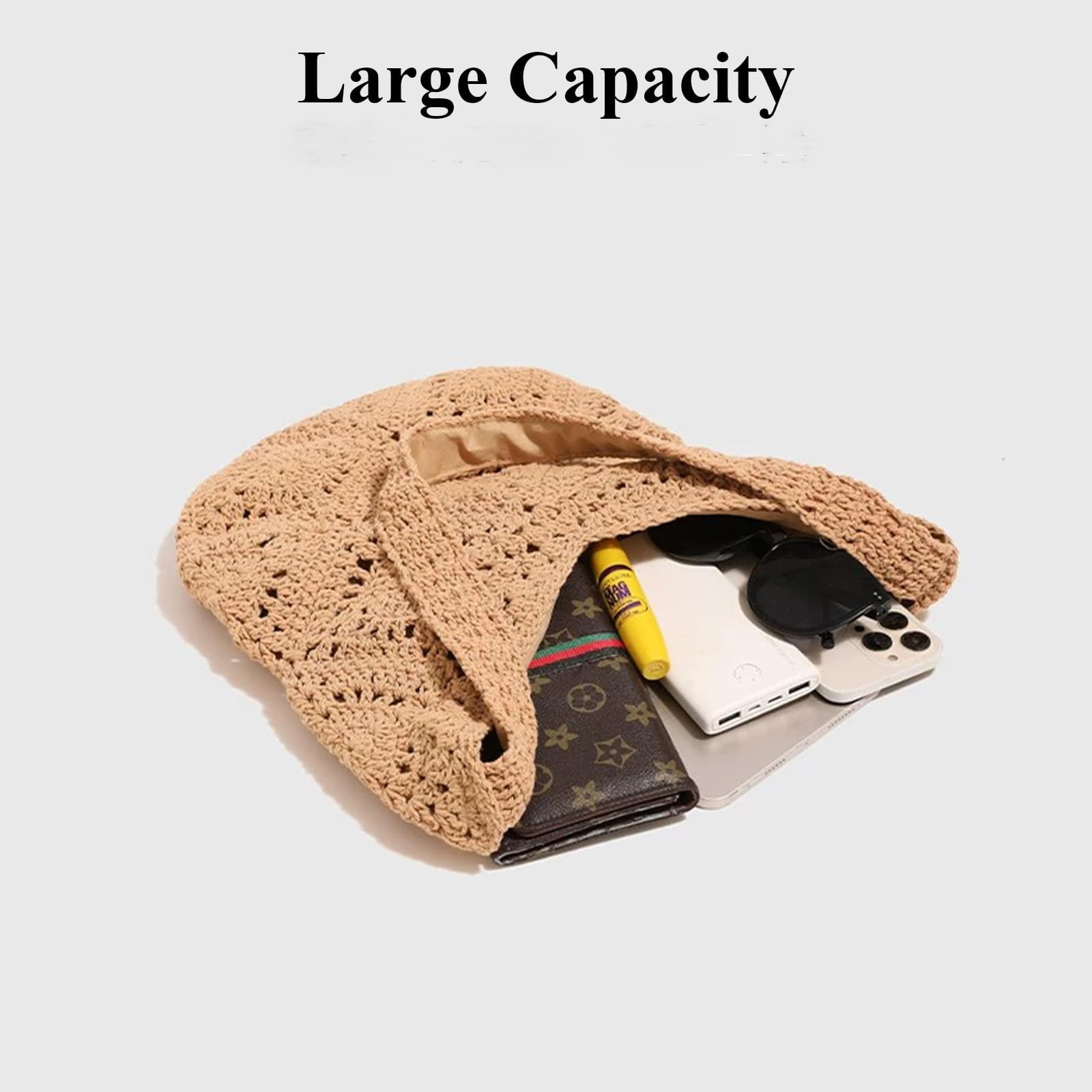 Beach Bag Crochet Bags for Women Knitted Beach Tote Beach Bags for Women Woven Purse Vacation Handbag for Summer(Khaki)