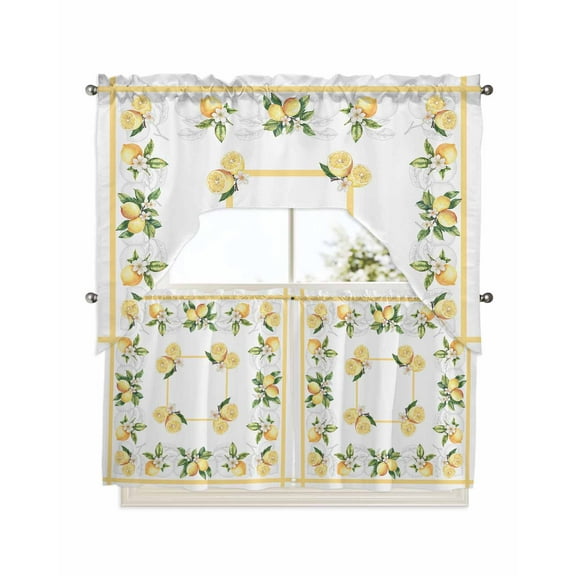 Lemon Yellow Kitchen Curtains Swag Valance and Tier Curtains Set 24 Inch Length, Modern Country Flower Floral Summer Spring Rod Pocket Drape Panels Pair Swag Curtains for Bathroom/Cafe/Window