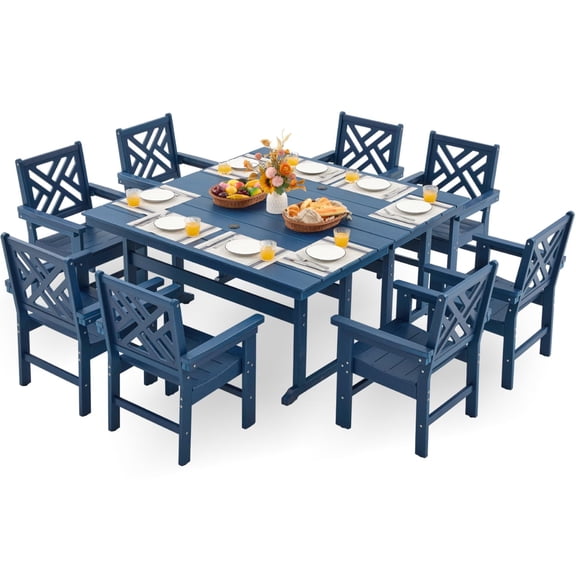 HDPE Dining Table Set for 8,10-Piece Outdoor Table and Chairs Include 8 Dining Chairs and 2 Pcs 62.5" Patio Dining Table with Umbrella Hole (Blue)