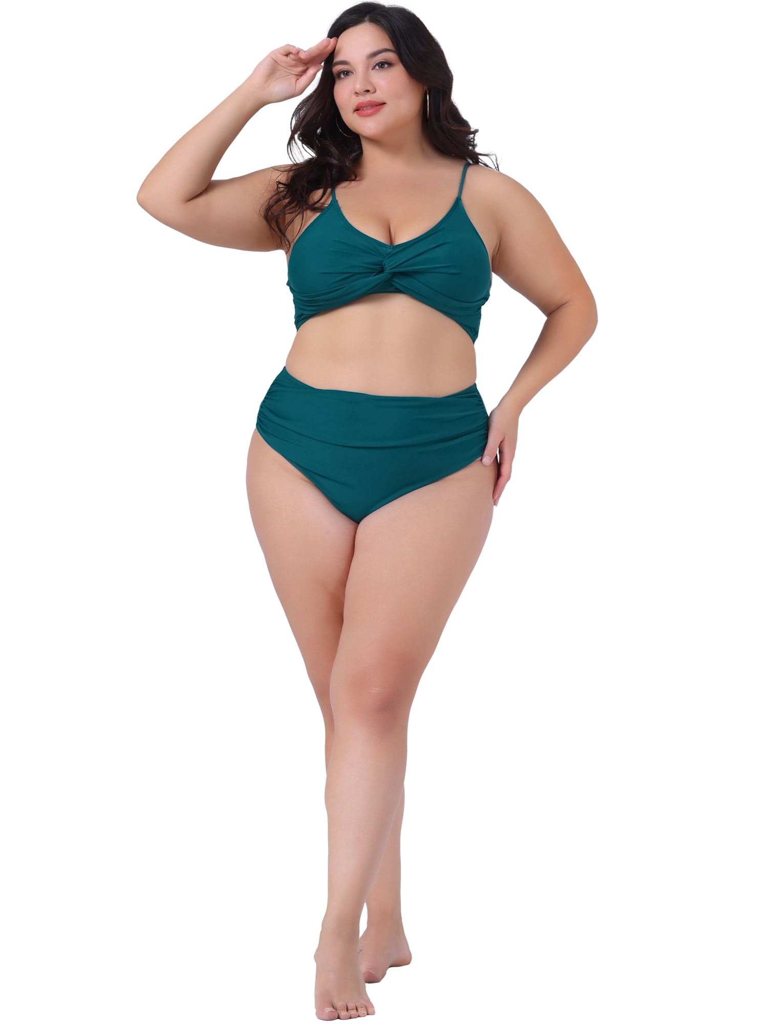 DARING DIVA Plus Size V Neck Tummy Control Two Piece Swimsuit L Blue Green