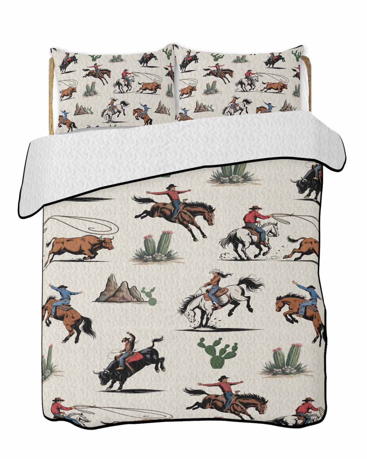 Quilts Twin XL Size, Western Cowboys Soft Comforter Bedding Set for Bed, Beige Vintage Country Cactus Lightweight Quilted Bedspread with Pillow Cover(2 Pieces) for All Season, 68x98 Inch