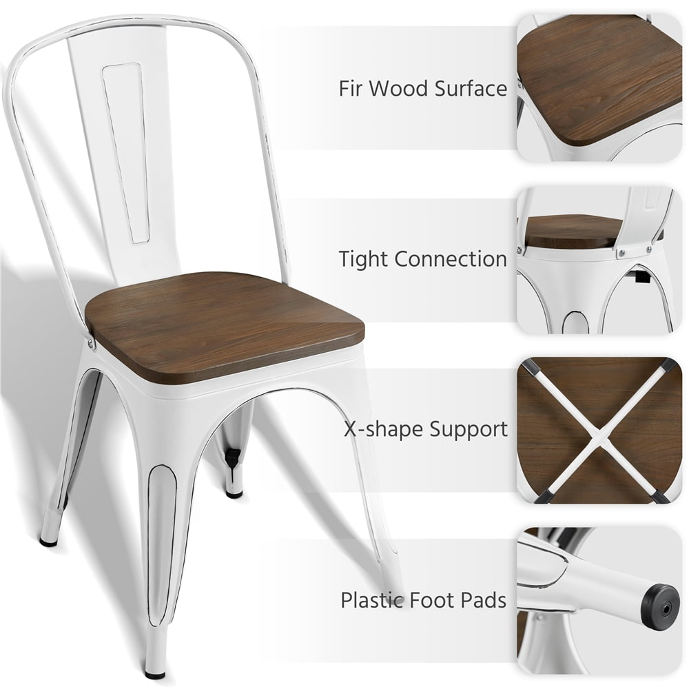 Alden Design Metal Stackable Dining Chairs with Wooden Seat, Set of 4, White