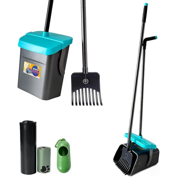 46" Pooper Scooper Swivel Bin & Rake for Large Small Dogs with Bag Attachment, Long Handle Poop Scooper with Lid for Yard (Blue)