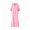 thumbnail image 6 of Linen Two Piece Outfits for Women Summer V Neck Button Down Tops Wide Leg Pants Set Casual Loose Matching Sets For Vacation, 6 of 7