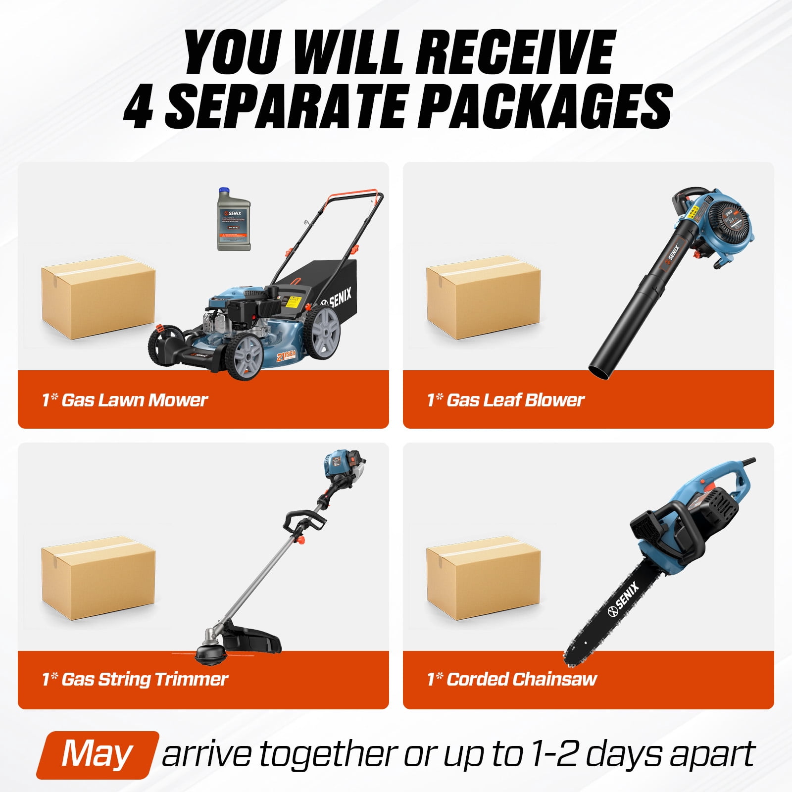 SENIX 4-Tool Combo Kit, 21" 144cc Push Lawn Mower, 410 CFM 26.5cc Leaf Blower, 17" 26.5cc String Trimmer & 18" 15Amp Chainsaw, LM14-B4QL-GTS4QL-CSE15-M