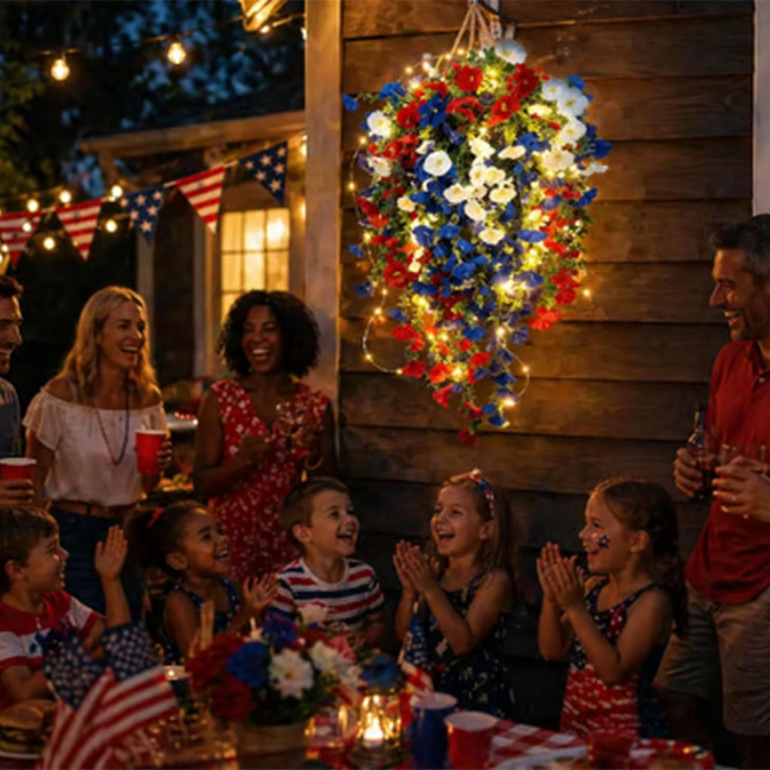 KUNPENG 24" Red White and Blue Artificial Flowers Hanging Basket Faux Floral Plant for 4th of July Veterans Day 250th Anniversary Front Porch Outdoor Patio Home Decorative Objects Decor Accent