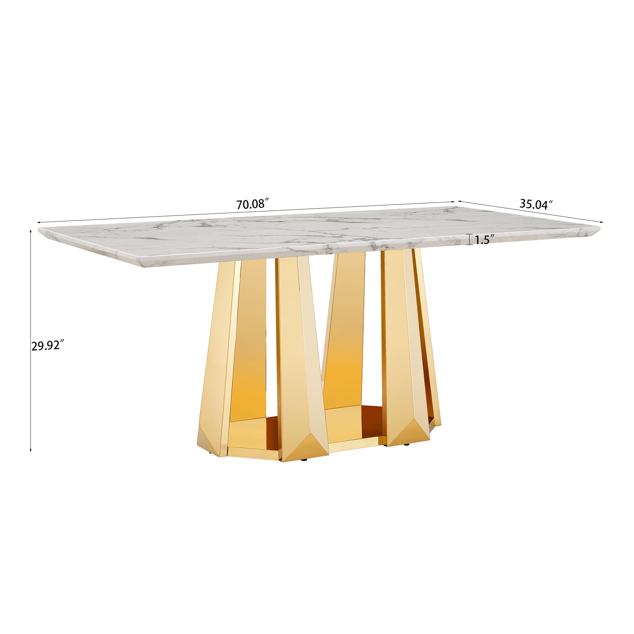 Noble House Modern 70" Rectangle Faux Marble Dining Table with Stainless Steel Base, for Kitchen, Gloss White & Gold