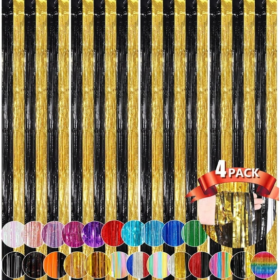 Black Gold Metallic Tinsel Foil Fringe Curtains, 4 Pack 3.3x8.3 Feet Party Streamer for Birthday Party Decorations, Halloween Decor, Foil Curtain for Bachelorette Party