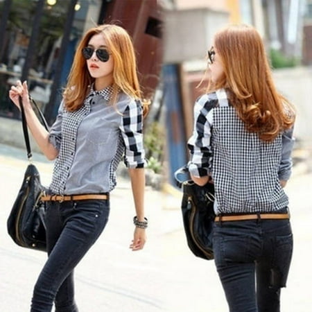 Women Lady Retro vintage Long Sleeve Casual Graids Jean Denim Shirt Tops