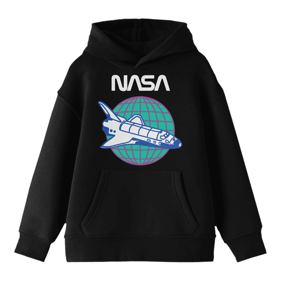 NASA Shuttle & Grid Globe Long Sleeve Boys' Black Hooded Sweatshirt-XL
