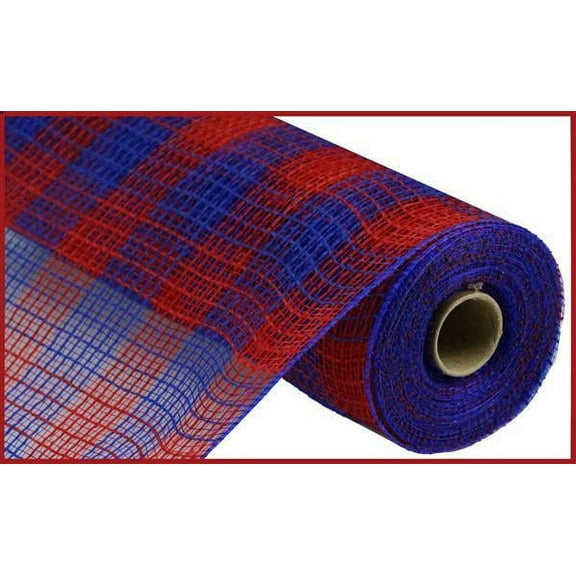 Small Check Faux Jute Deco Mesh, Red, Royal Blue- 10.5 Inch x 10 Yards