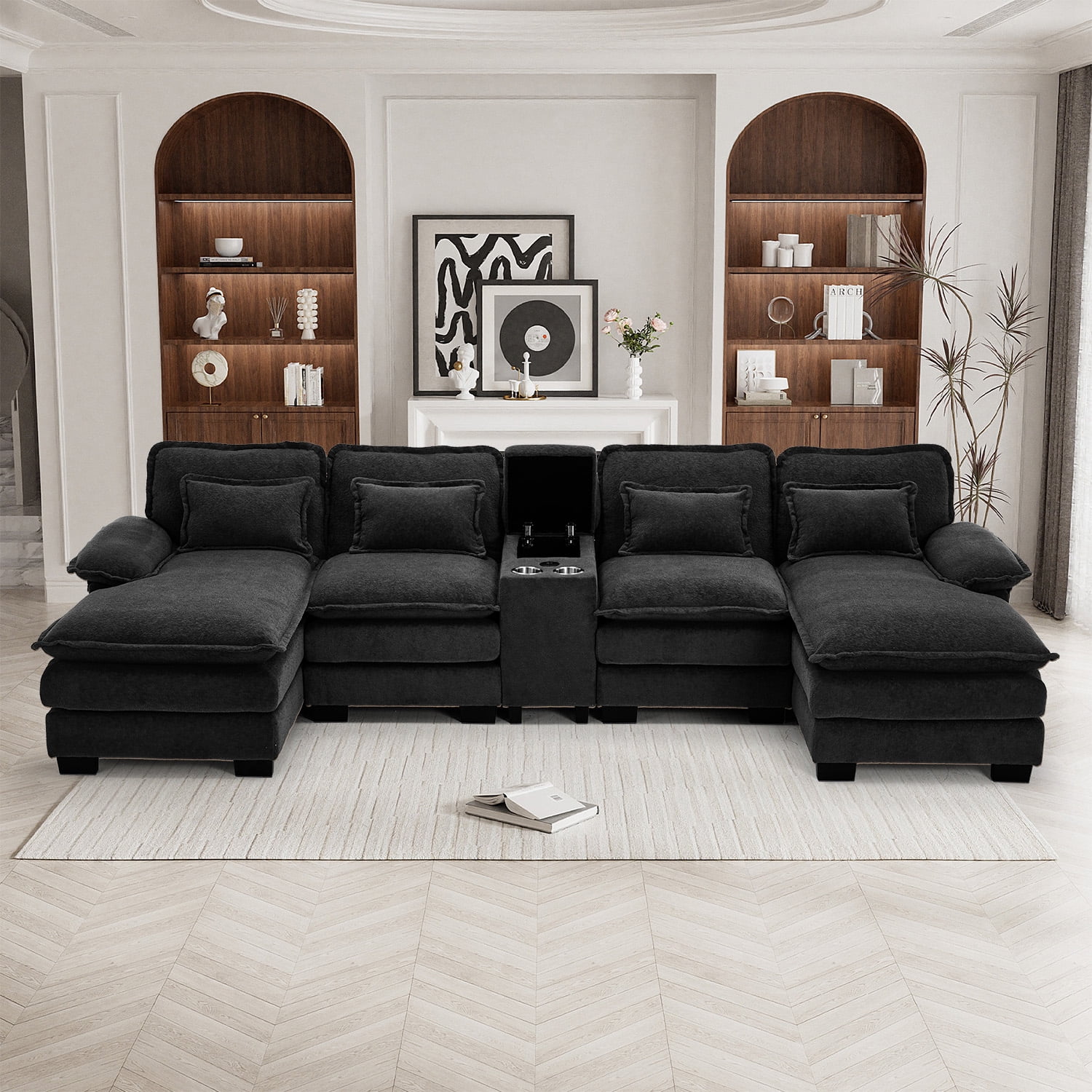 Wiilayok 133" U Shaped Cloud Couch Modular Sectional Couches for Living Room Fluffy Chenille Deep Seat Sofa Set w/ Double Chaise Lounge, Storage Central Console, Cup Holders, USB Port,Midnight Black