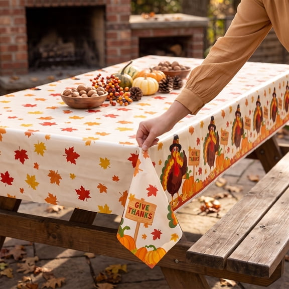 Yhmxh Thanksgiving Tablecloth Fall Table Cloths Autumn Pumpkin Maple Leaf Turkey Table Cover Rectangle for Autumn Harvest Party Decorations, Thanksgiving Party Supplies, 54x108 Inch
