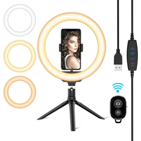 Image of 10” Ring Light LED Desktop Selfie Ring Light USB LED Desk Camera Ringlight 3 Colors Light with Tripod Stand iPhone Cell Phone Holder and Remote Control for Photography Makeup Live Streaming