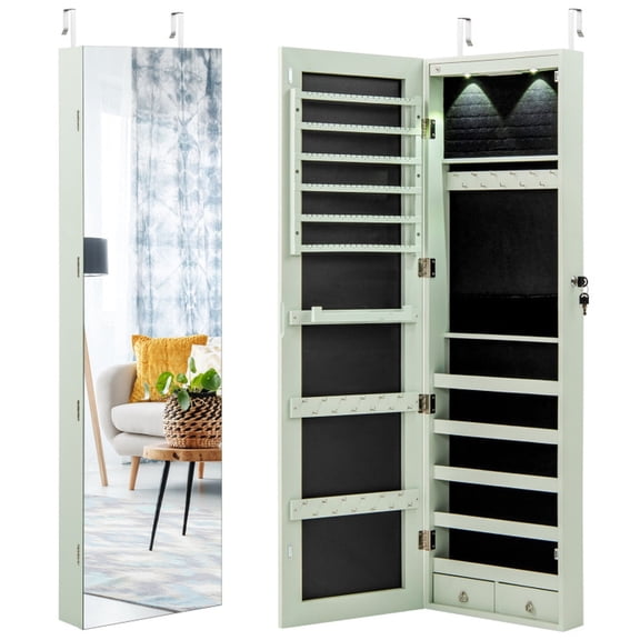 Furnibear Wall and Door Mounted Mirrored Jewelry Cabinet with LED Lights and Full-Length Mirror Storage for the Bedroom, Green