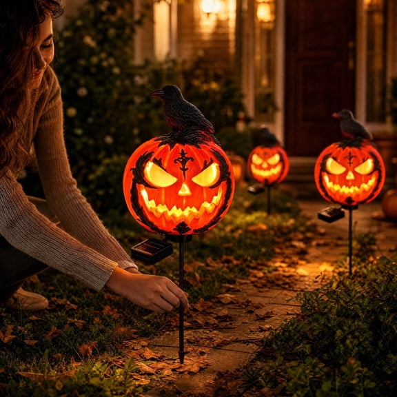 Solar Powered Pumpkin Yard Stakes for Halloween Outdoor Decor, Resin Jack O Lantern Garden Lights with Ground Stakes for Walkway, Lawn, Flower Bed, Porch, Patio, Orange, Style A, Style A