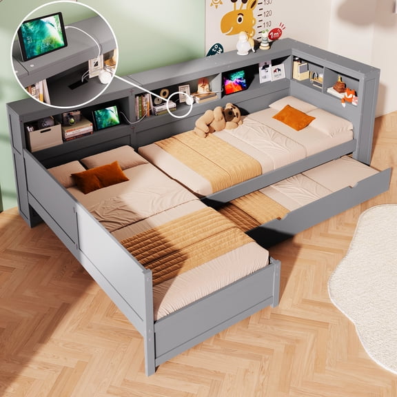 Harper & Bright Designs L Shaped Twin Beds for 2, Corner Bed with Trundle & Drawer, Twin Size L Shaped Bed with Storage Shelf for Boys and Girls, Grey