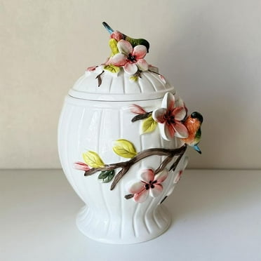 Ceramic Food Storage Containers with Lids, 3D Hand-painted Magnolia Flower and Bird for Home Kitchen Countertop Decorative Collection Jars