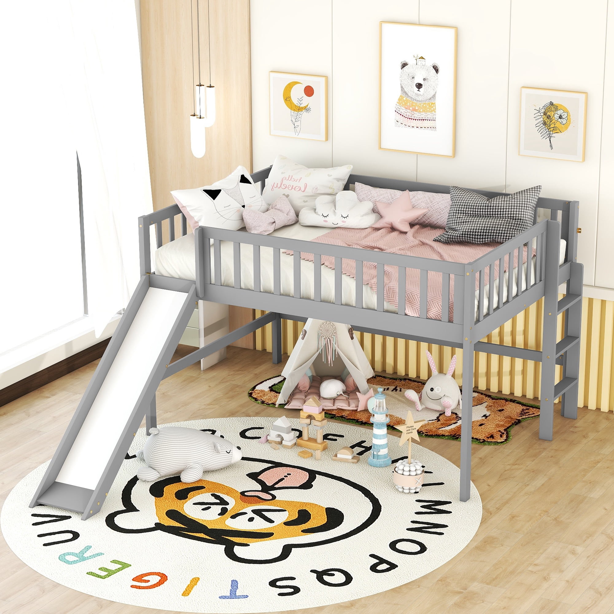 Euroco Wood Full Size Loft Bed, Low Profile Bed with Vertical Ladder and Slide for Kids Teens, Gray