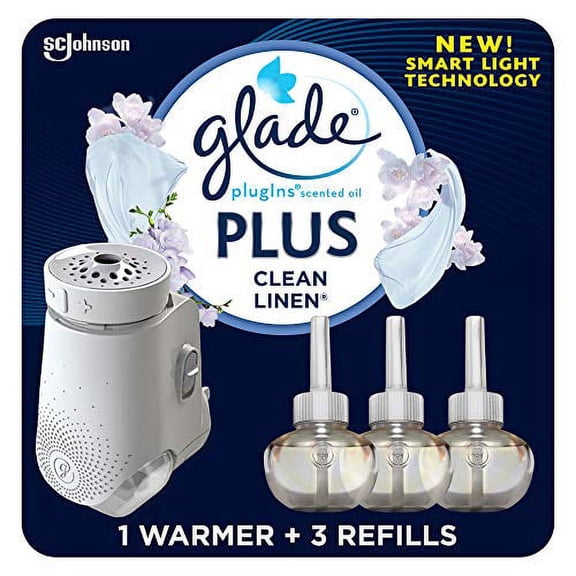 Glade PlugIn Plus Air Freshener Starter Kit, Scented Oil for Home and Bathroom, Clean Linen, 2.01 Fl Oz, 1 Warmer 3 Refills