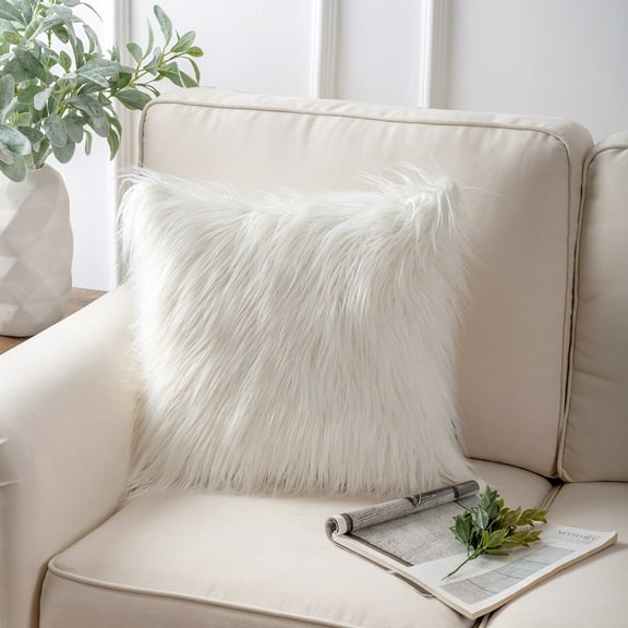Phantoscope Plush Faux Fur Full Throw Pillow with Insert, 18"x18", Offwhite, 1 Pack