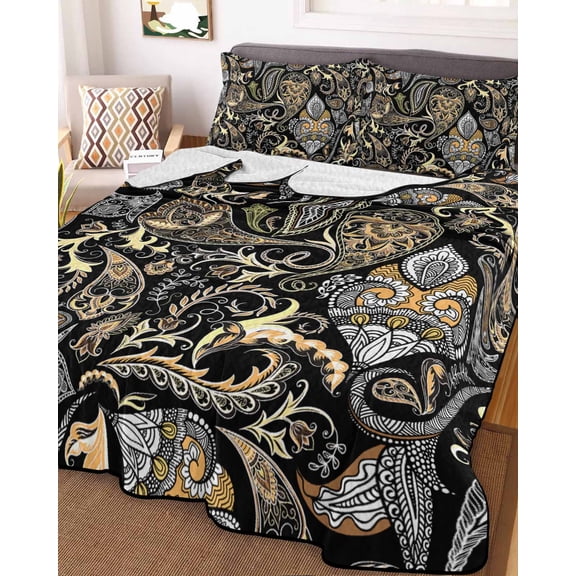 Black Floral Twin XL Size Down Alternative Comforter, Lightweight Comforter Quilt Bedding Set with Pillow Shams Boho Botanical Vintage Paisley Flower All Seasons Bed Comforter Duvet Insert 68"x98"