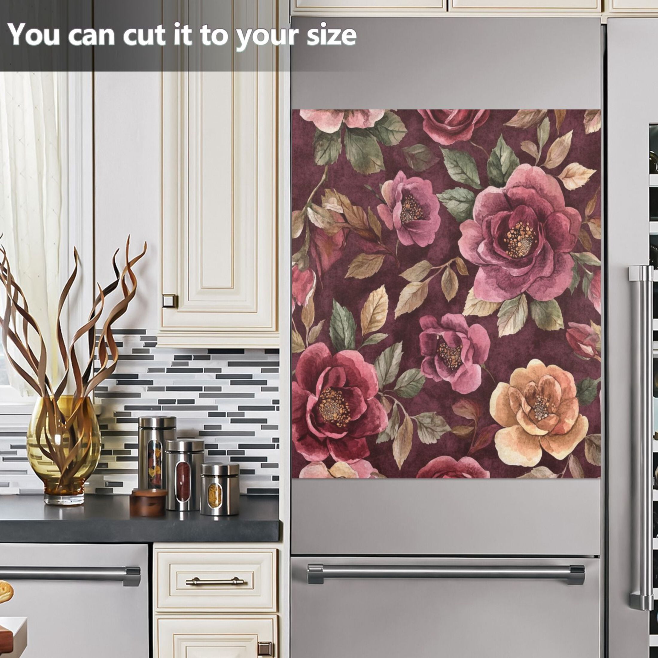 Dishwasher Magnetic Sticker 23x26 Inch Refrigerator Magnetic Sticker Washing Machine Magnetic Sticker Kitchen Panel Magnetic Sticker Home Decor Cartoon Maroon Roses Seamless
