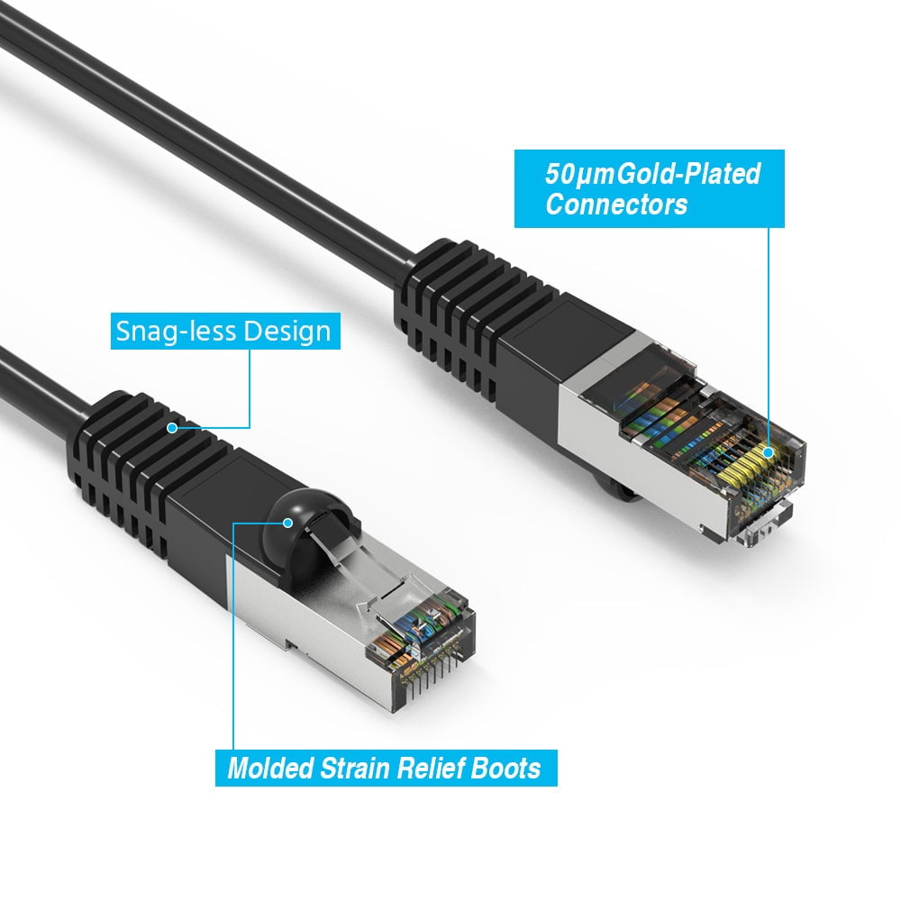 Cat5E Shielded Ethernet Patch Cable Black 20ft - Internet Cable Snagless Boot Network Wire - High Speed Ethernet Patch Cable 350MHz FTP Cord - 4 UTP 24AWG Stranded Pure Copper Wire