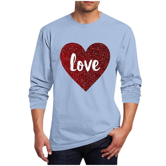 LJEFF Men's Valentine's Day Long-Sleeve Shirt, Casual Heart Print Regular Fit Crew Neck Men's Tees Light Blue